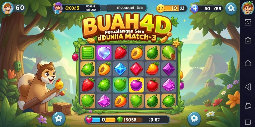 Menampilkan gameplay seru BUAH4D dengan berbagai buah yang bisa dicocokkan.