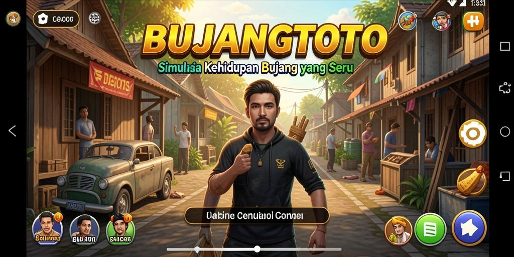 Tampilan permainan BUJANGTOTO yang menarik dengan karakter dan interaksi sosial.