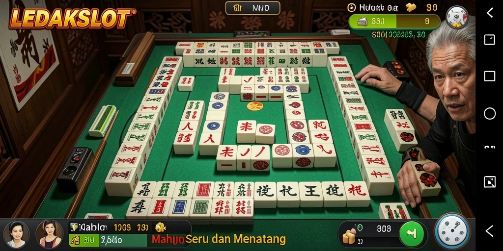 Tampilan gameplay menegangkan LEDAKSLOT dengan elemen Mahjong yang menarik.
