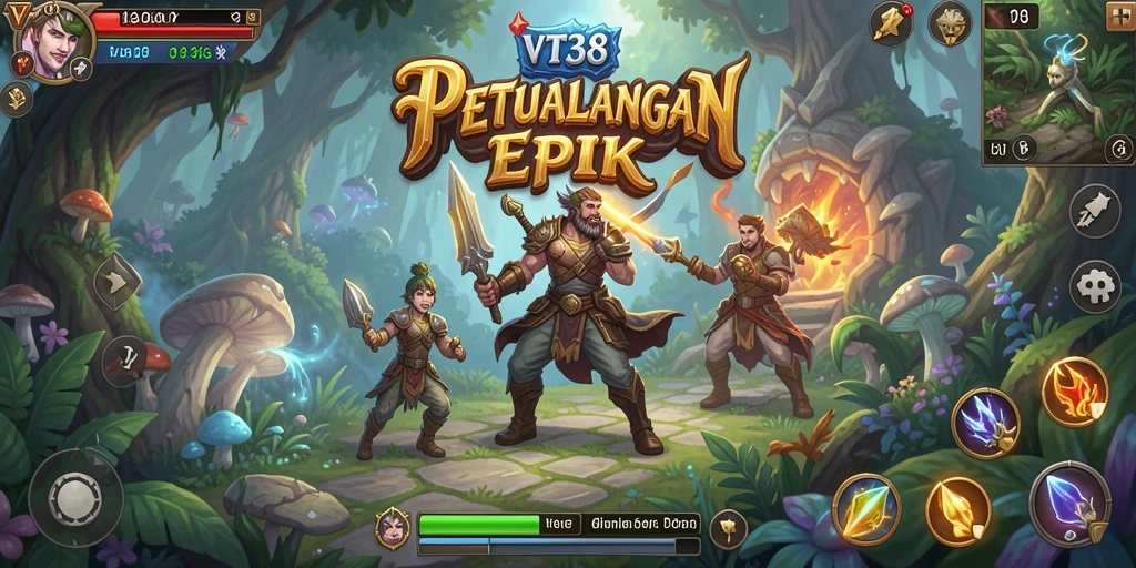 Screenshot dari gameplay VT38 yang menampilkan petualangan epik dan karakter heroik.
